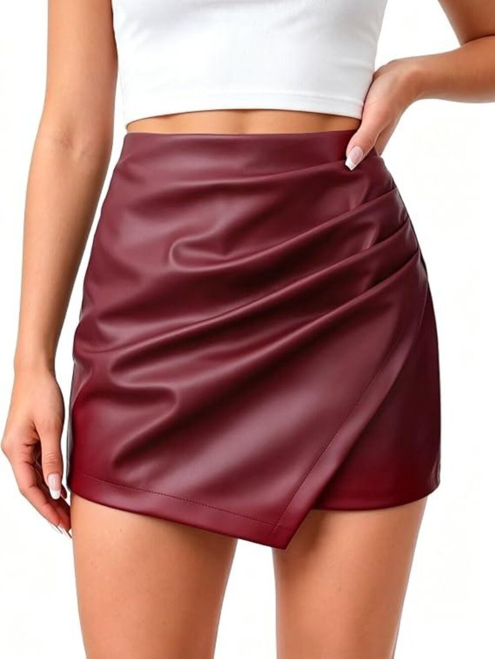 Faux Leather Ruched Asymmetrical Mini Skort